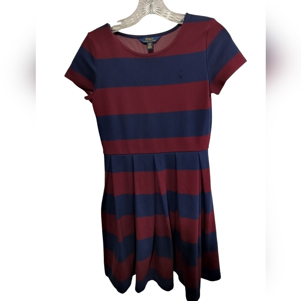 2941) Polo Ralph Lauren Burgundy Navy Stripe Popover Dress  Girl Size XL (16)
